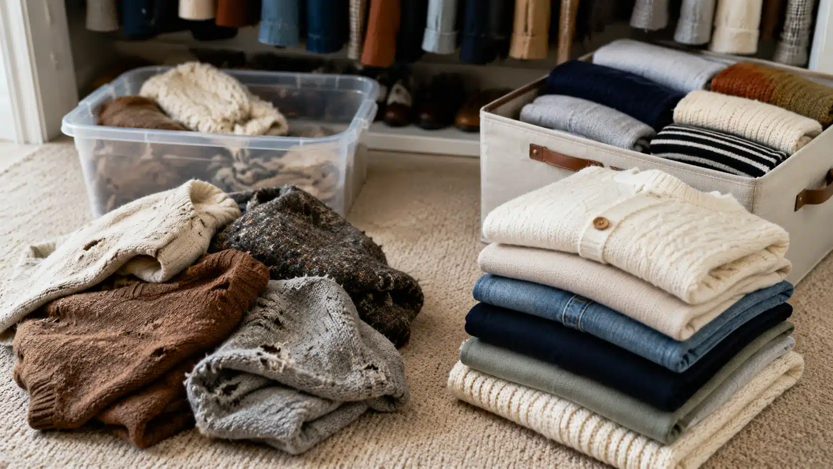 Damaged moth-infested sweaters separated from clean folded fabrics during clothing inspection.