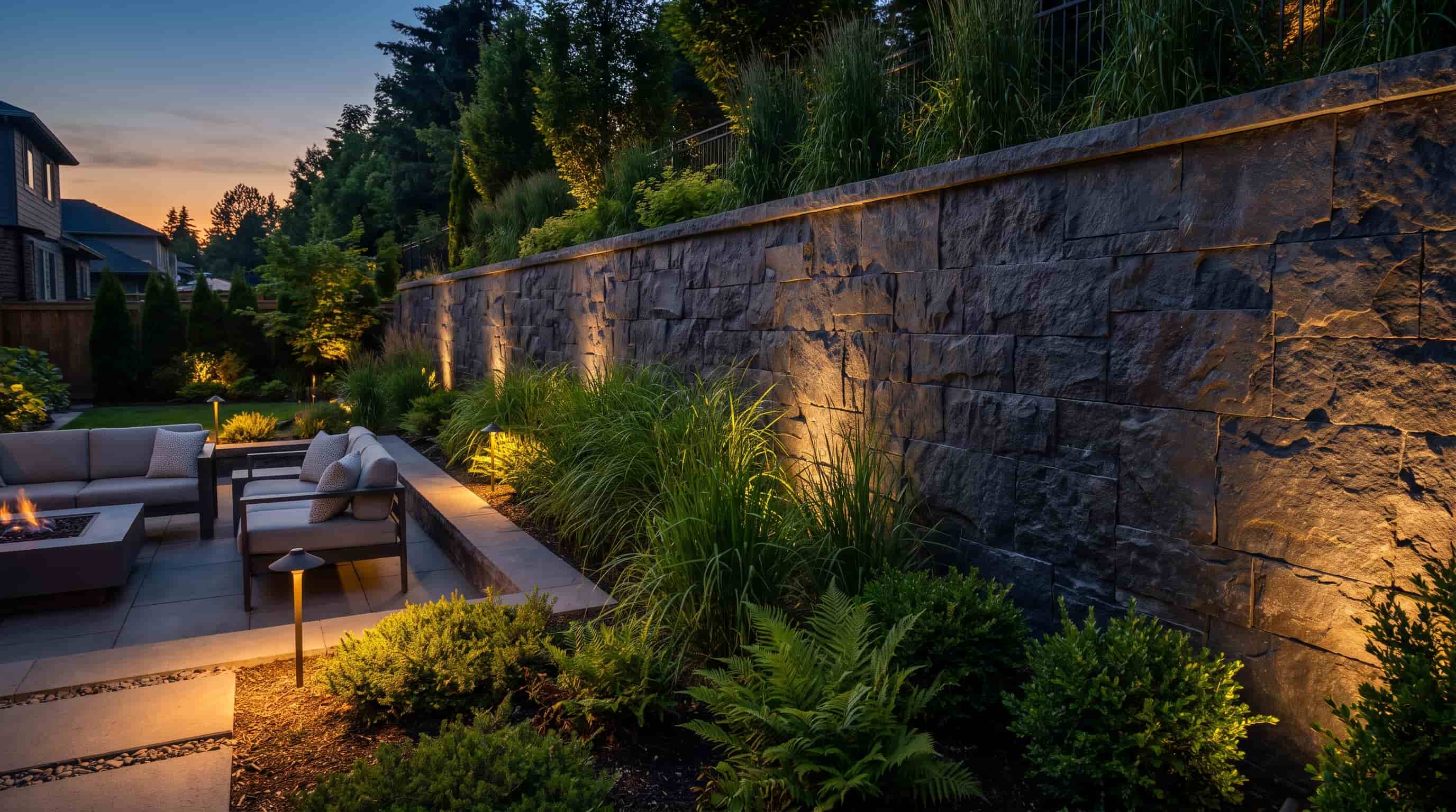 Dark retaining wall with outdoor lighting and greenery creating a modern backyard feature at night.