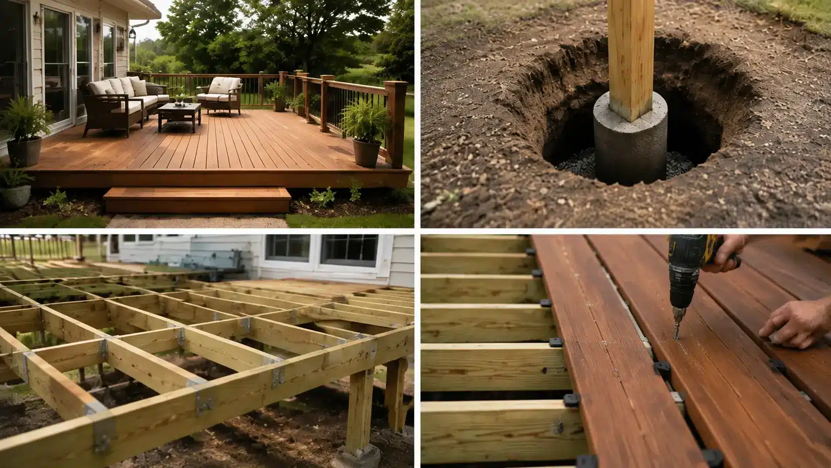 Deck maintenance tasks showing cleaning, sealing, inspecting boards, tightening fasteners, and repairing outdoor decking