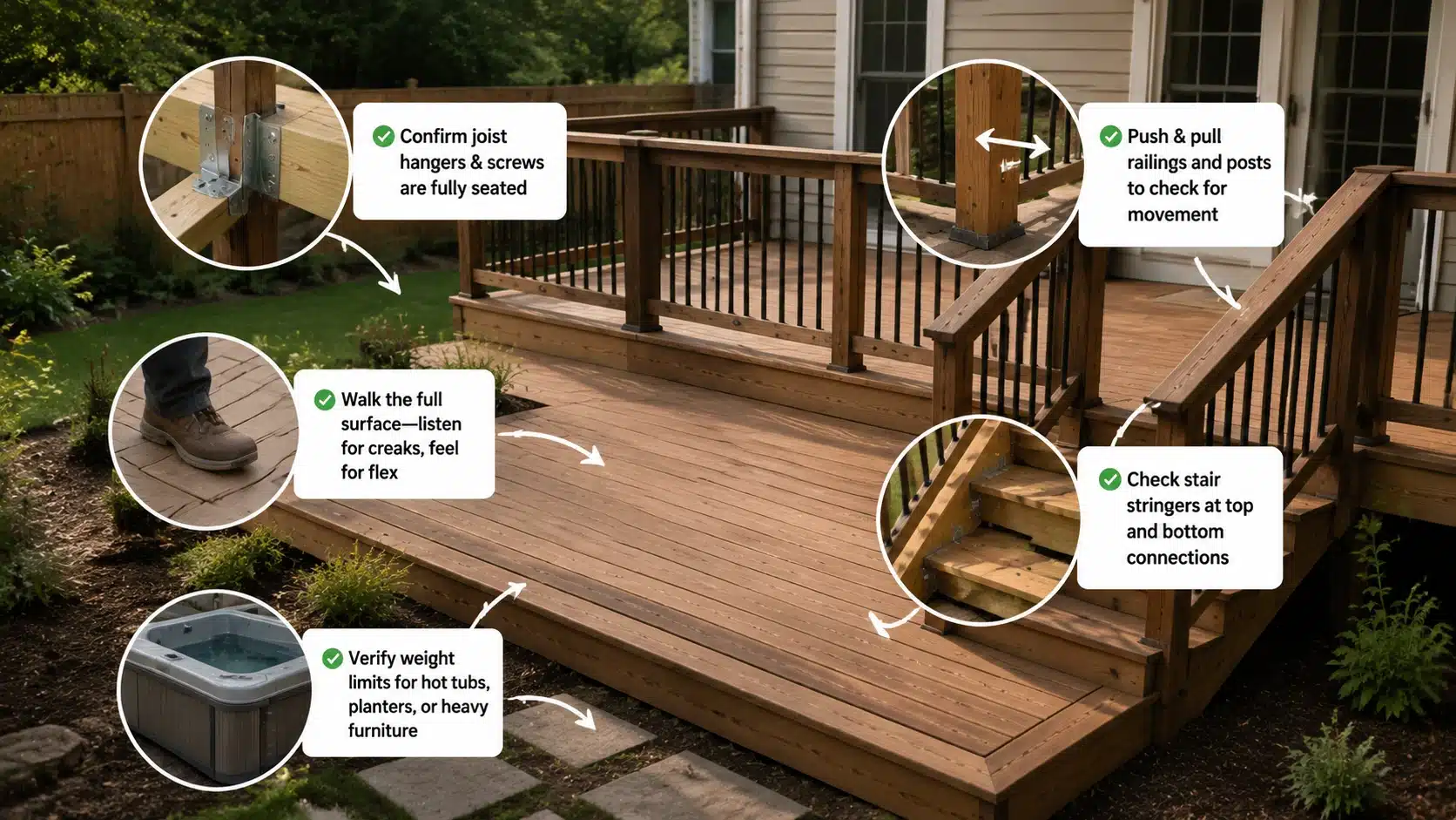 Deck safety inspection showing checks for joists, railings, stairs, boards, and weight support before use