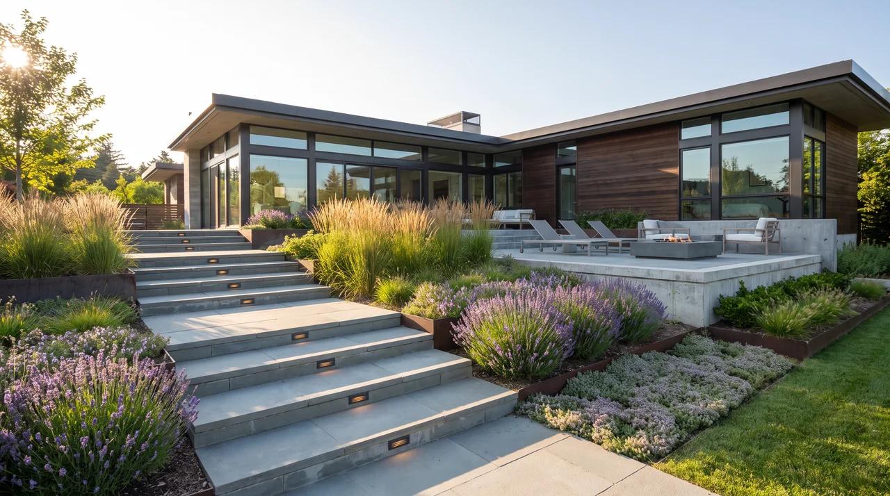 Sloped backyard with stone garden steps surrounded by flowering plants.