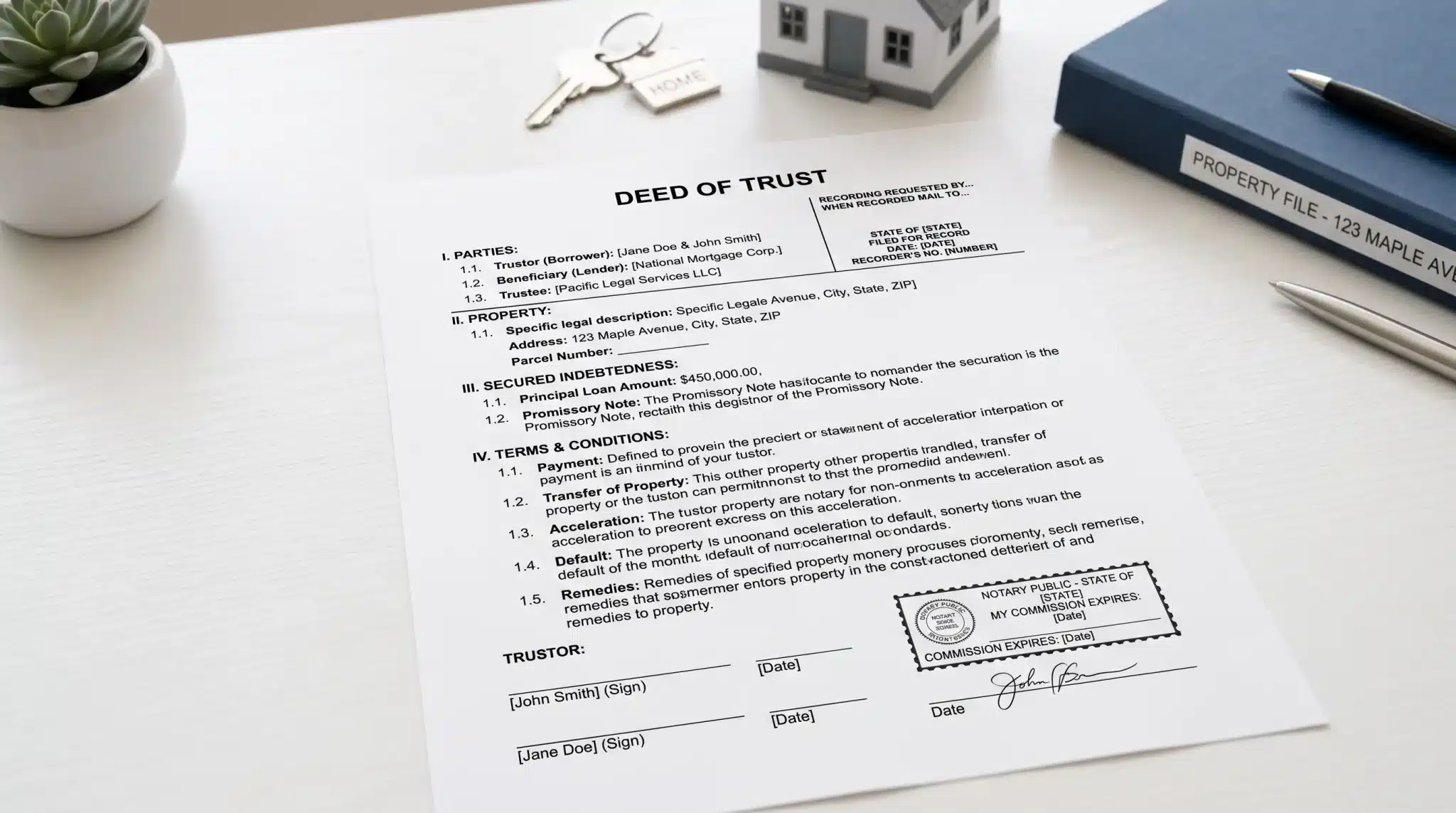 Deed of trust document showing borrower, lender, trustee details, property records, and legal agreement sections.