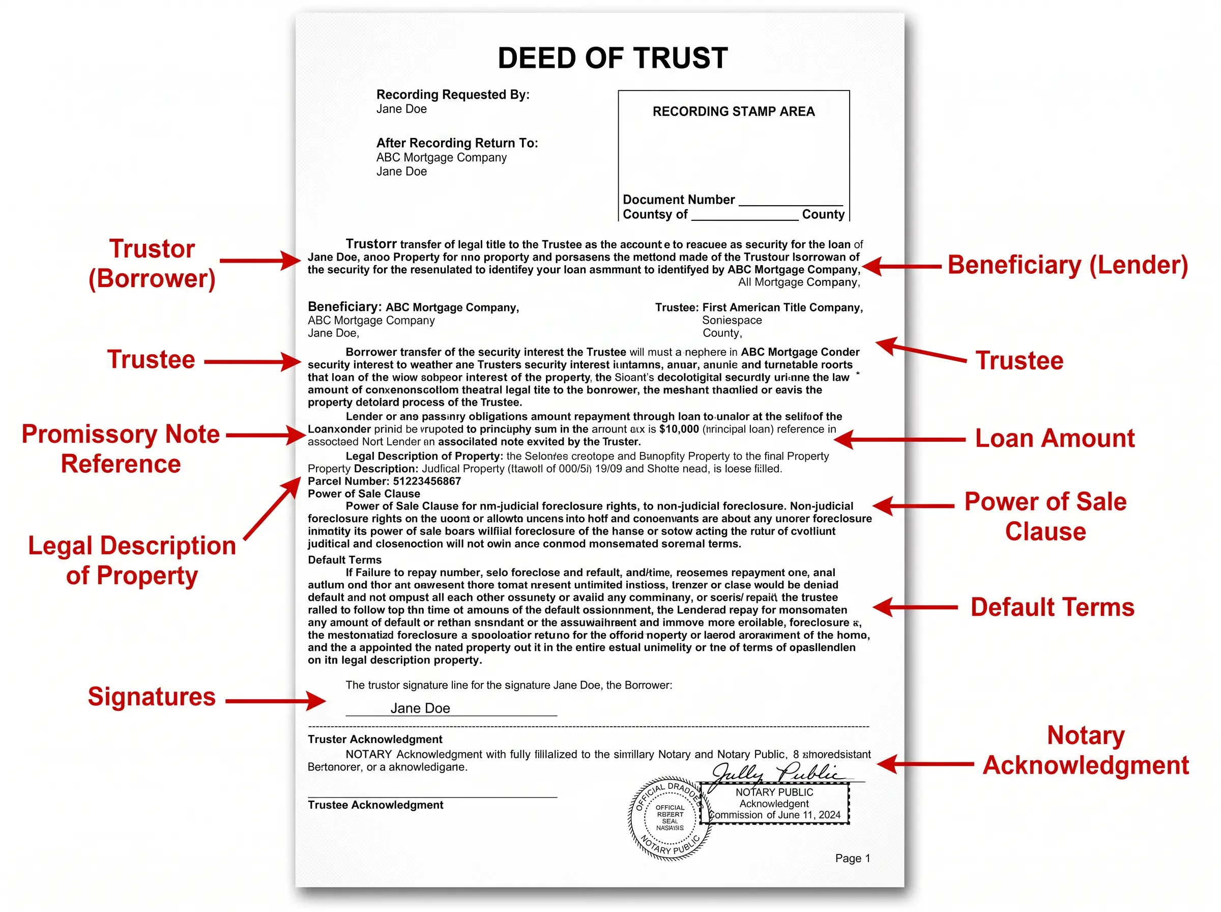 Deed of trust document showing borrower, lender, trustee details, loan terms, signatures, and notary sections.