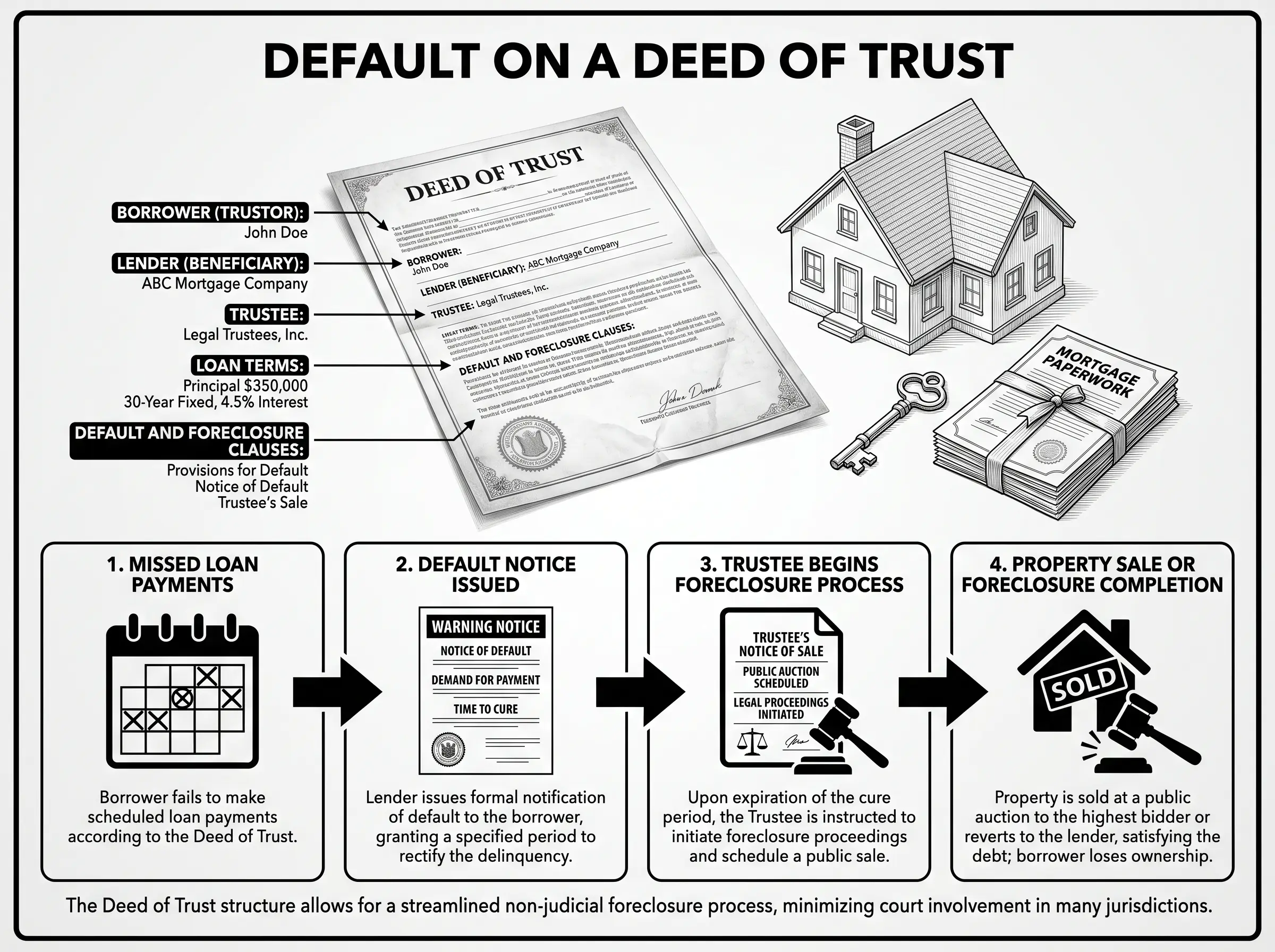 Black and white infographic showing deed of trust default steps from missed payments to foreclosure process.