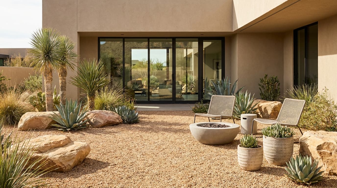 Desert-inspired pea gravel patio with succulents, agave plants, and drought-resistant landscaping