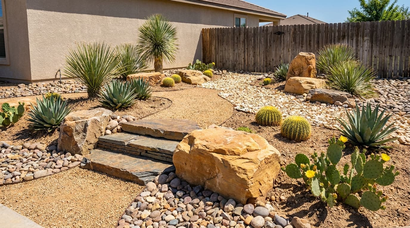 Desert-style backyard rock garden with sandstone, gravel, agave, cactus, and drought-resistant plants.