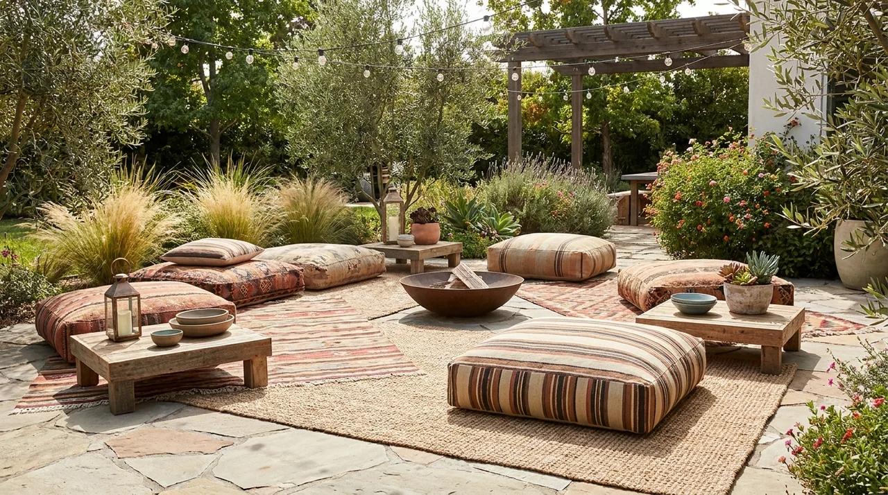 Small backyard lounge with floor cushions, low table, and outdoor rug.