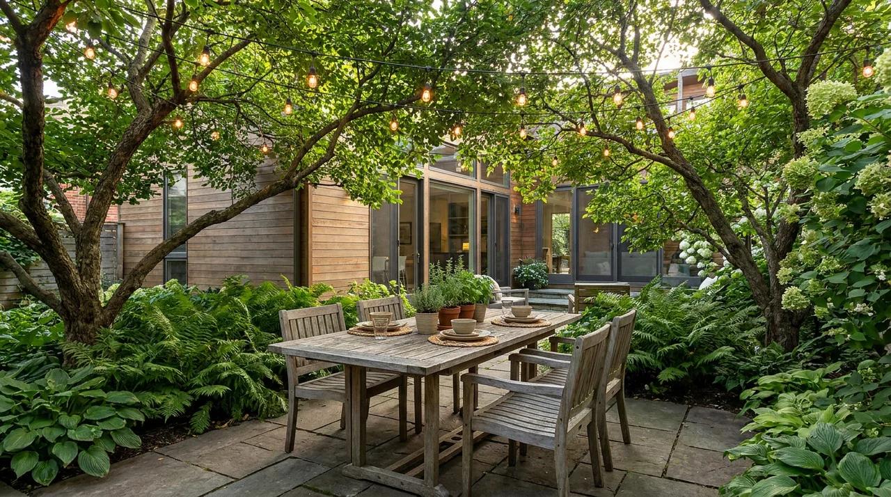 Outdoor dining area under trees with table, chairs, and surrounding greenery.