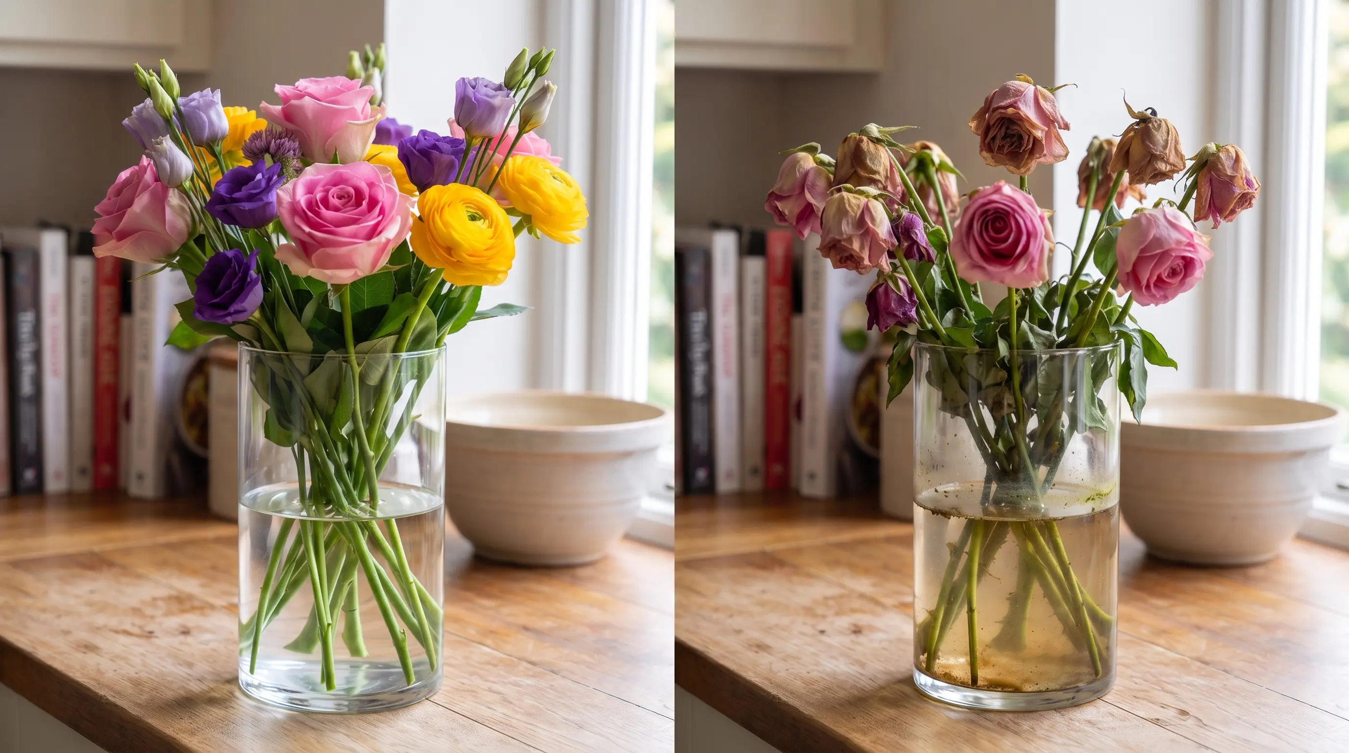 Comparison showing fresh flowers in clean water and wilted flowers in cloudy vase water