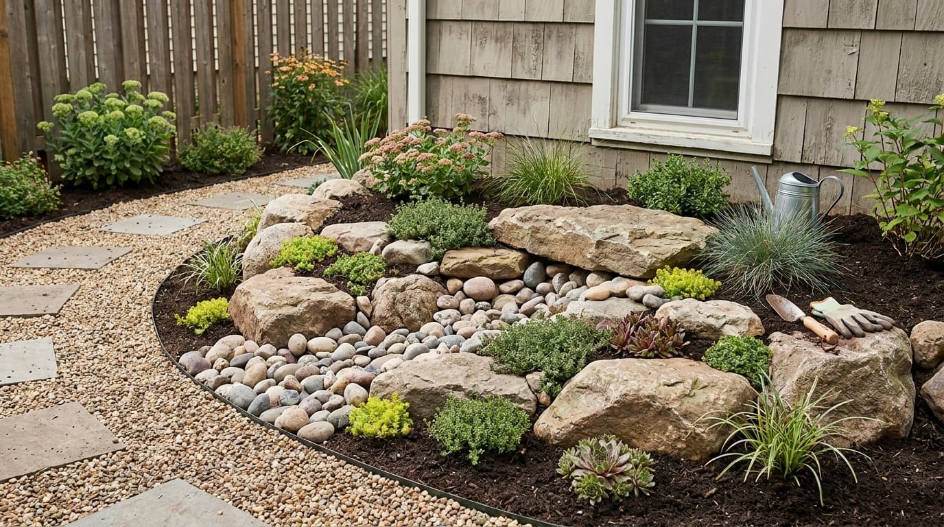 DIY backyard rock garden corner with natural stones, gravel, and easy-care plants beside a home.