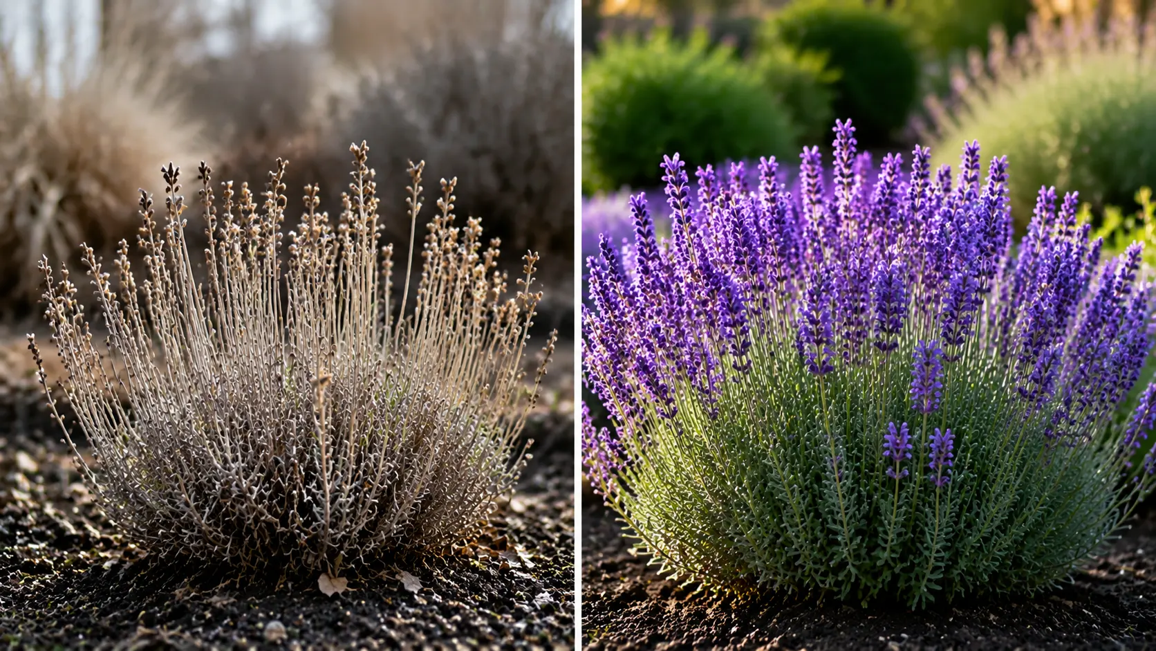 Two lavender plants showing seasonal dormancy and healthy regrowth, comparing a struggling plant with one blooming again.