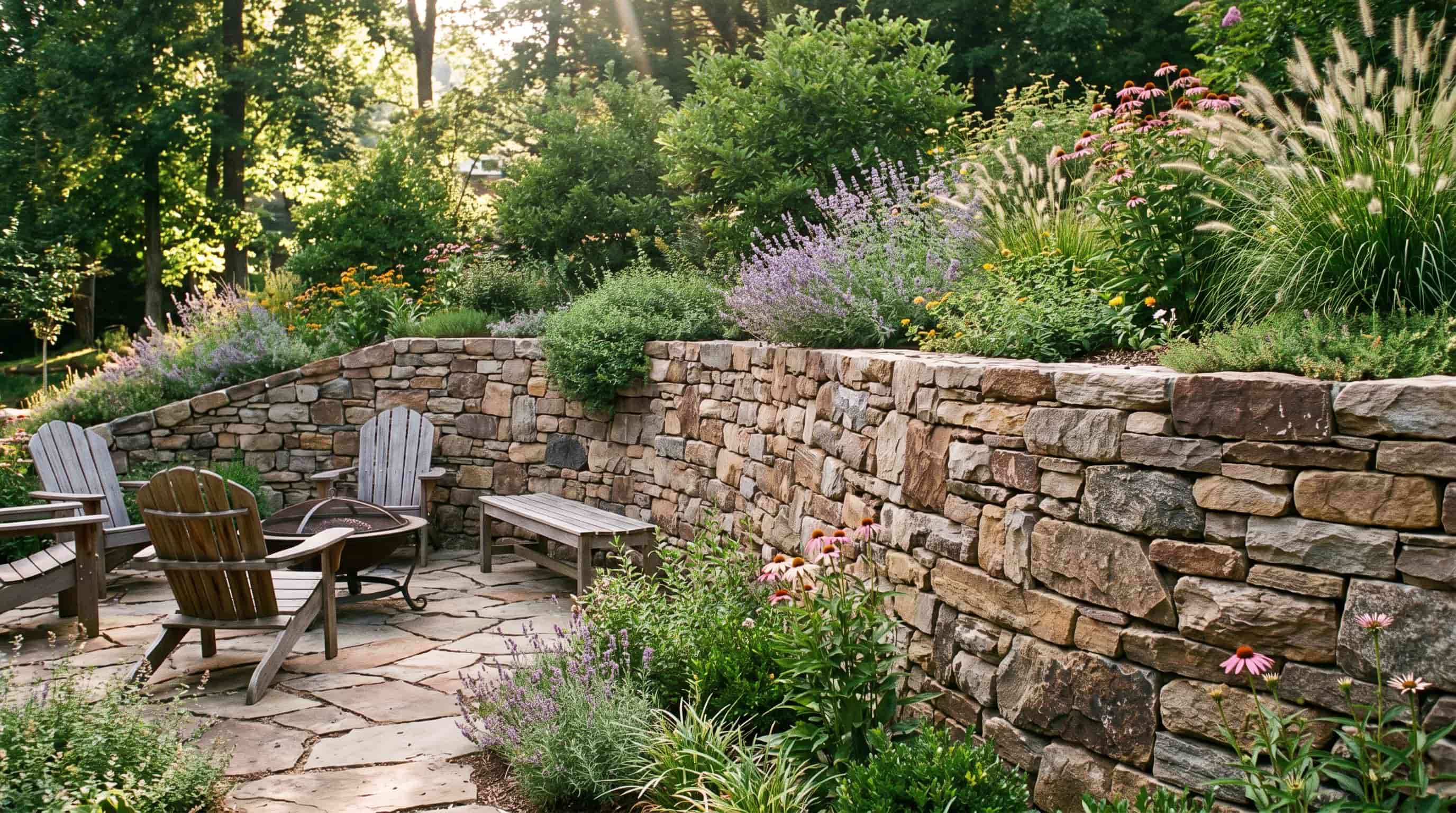 Dry stack stone retaining wall with natural stones and plants in a rustic backyard garden setting.