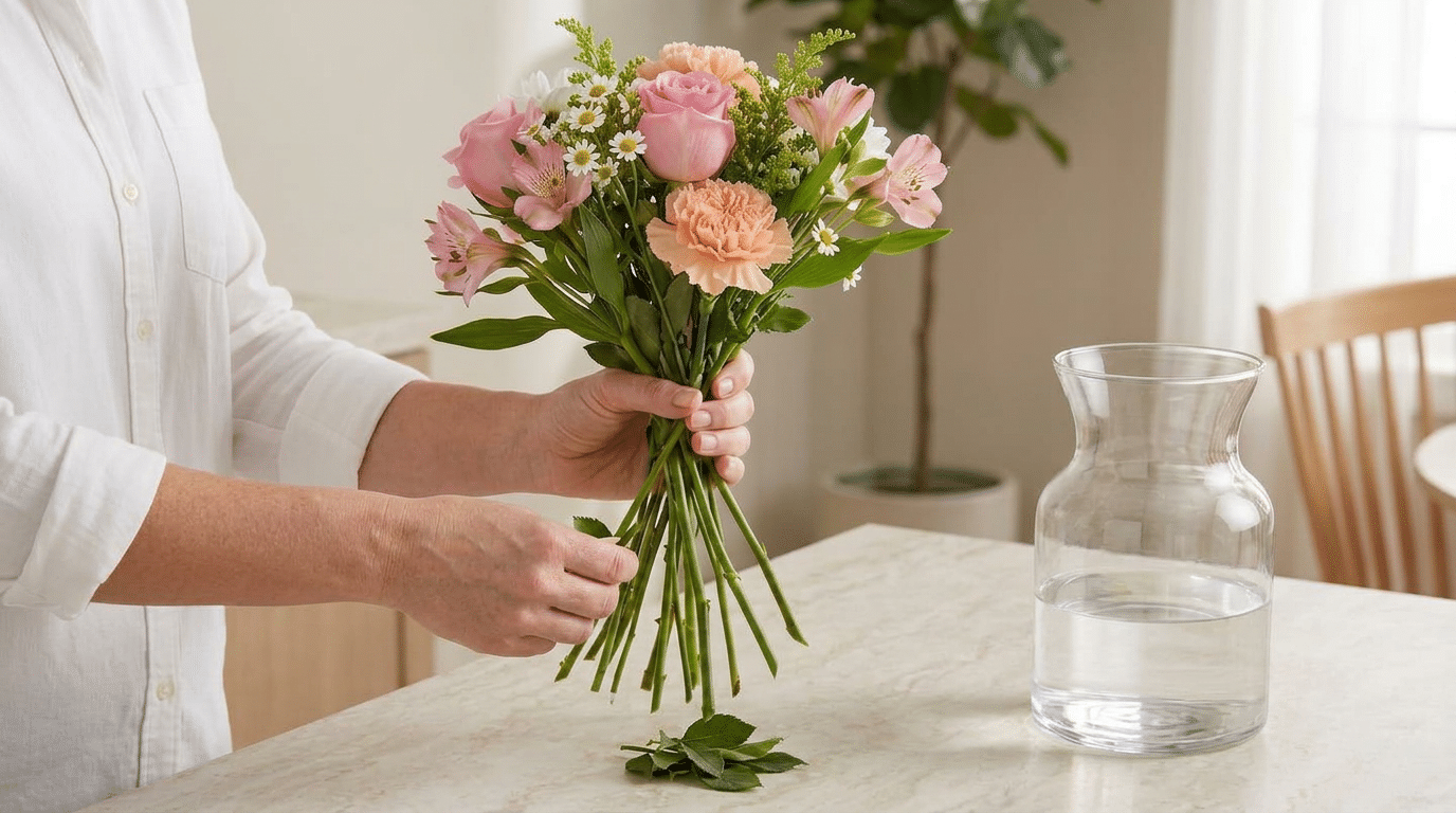 Removing lower leaves from cut flower stems to keep vase water clean and fresh.