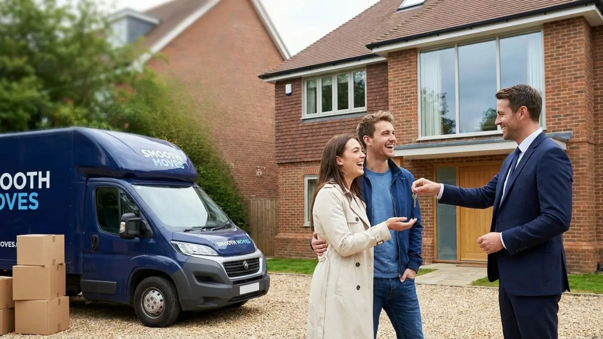 Estate agent handing house keys to a couple beside a moving van at their chain-free property.