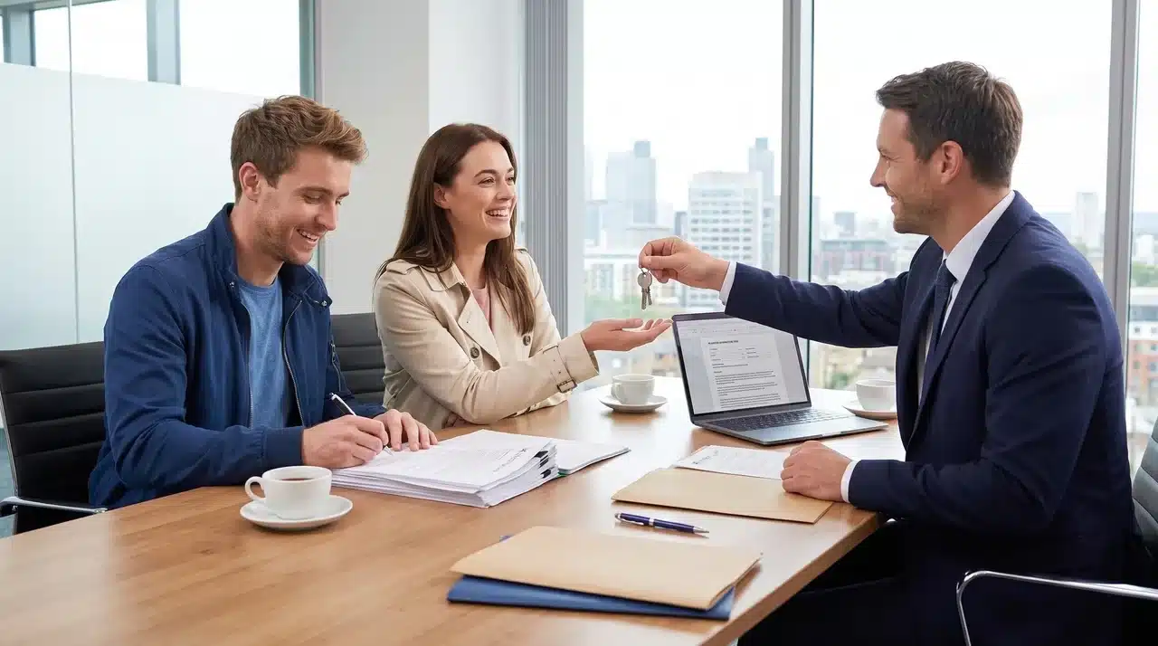Estate agent handing house keys to a couple completing a chain-free property sale.
