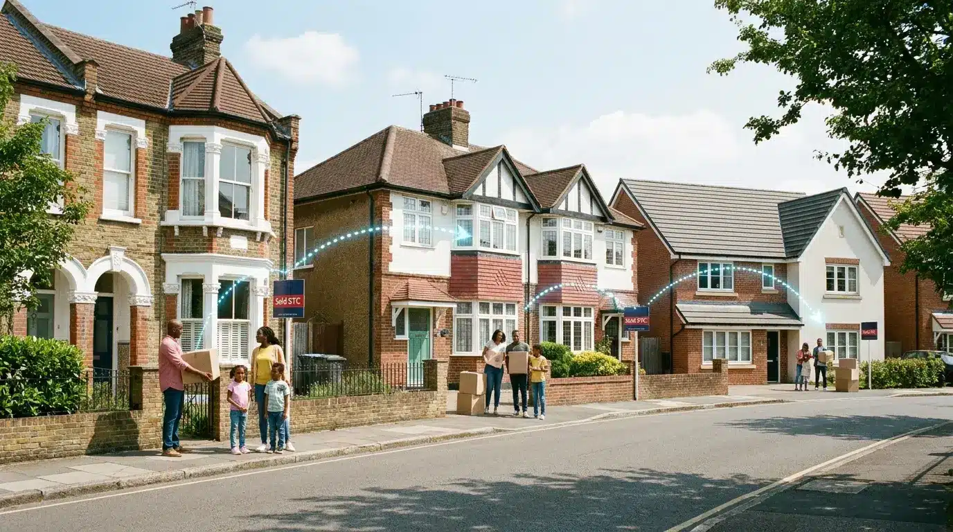 Families moving between linked homes in a residential property chain.