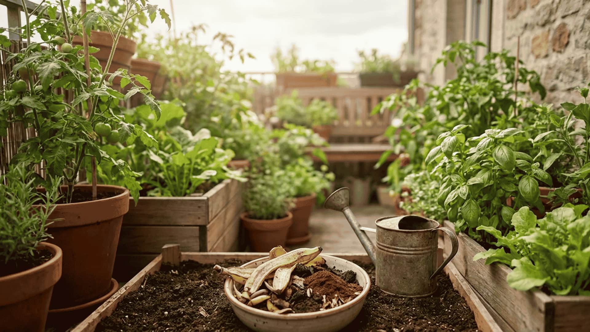 Homemade natural fertilizer for plants made from kitchen scraps like banana peels and compost placed in a bowl in a home vegetable garden with a watering can nearby.