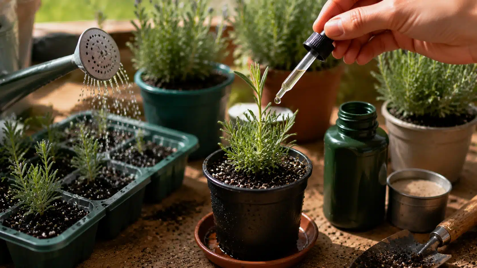 Lavender seedlings receiving careful feeding with diluted fertilizer in pots, showing healthy growth in a bright garden setting.