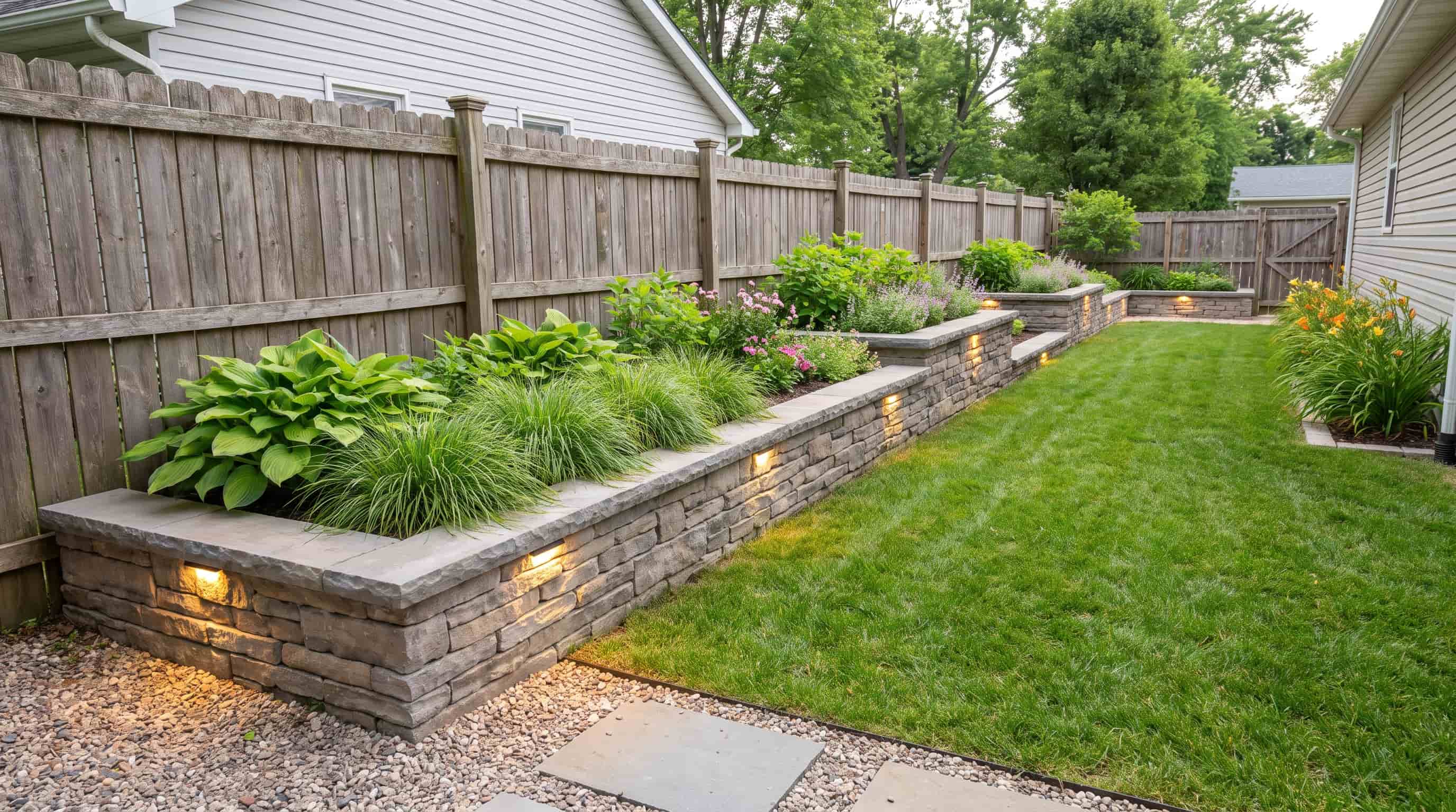 Fence-line retaining wall with plants and lighting creating a garden area in a narrow backyard space.