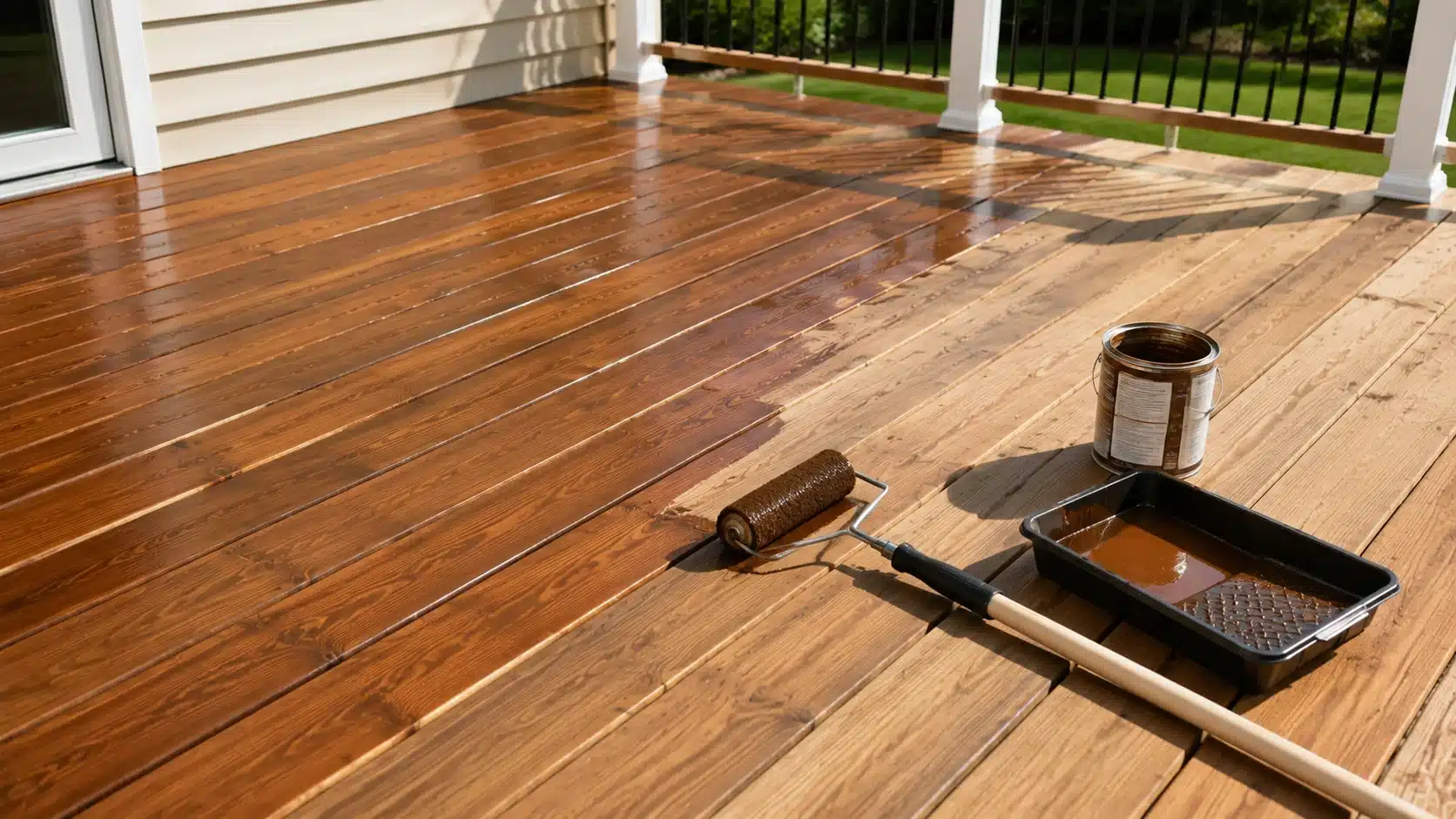 Applying stain to wooden deck boards with a roller and finishing supplies nearby