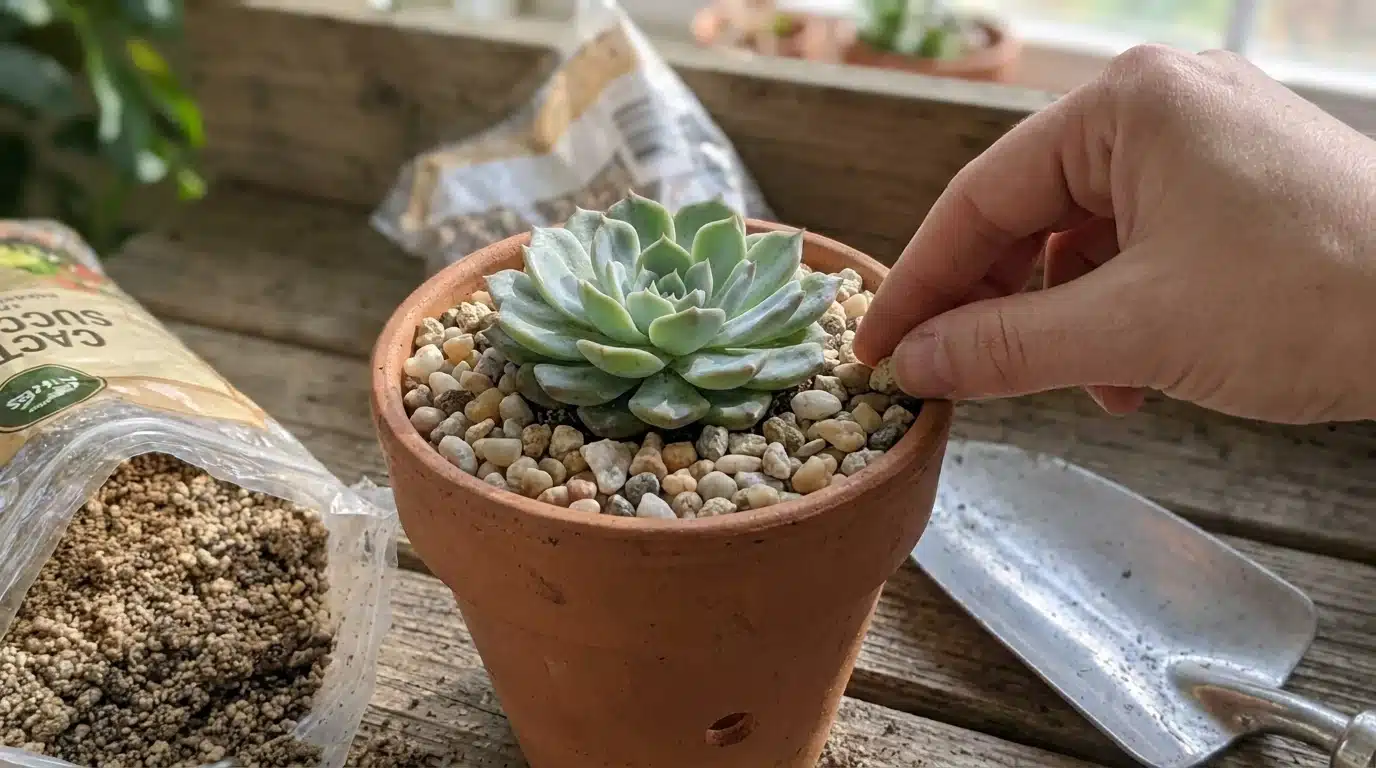 Finished succulent pot with decorative stones placed on top of the soil surface.