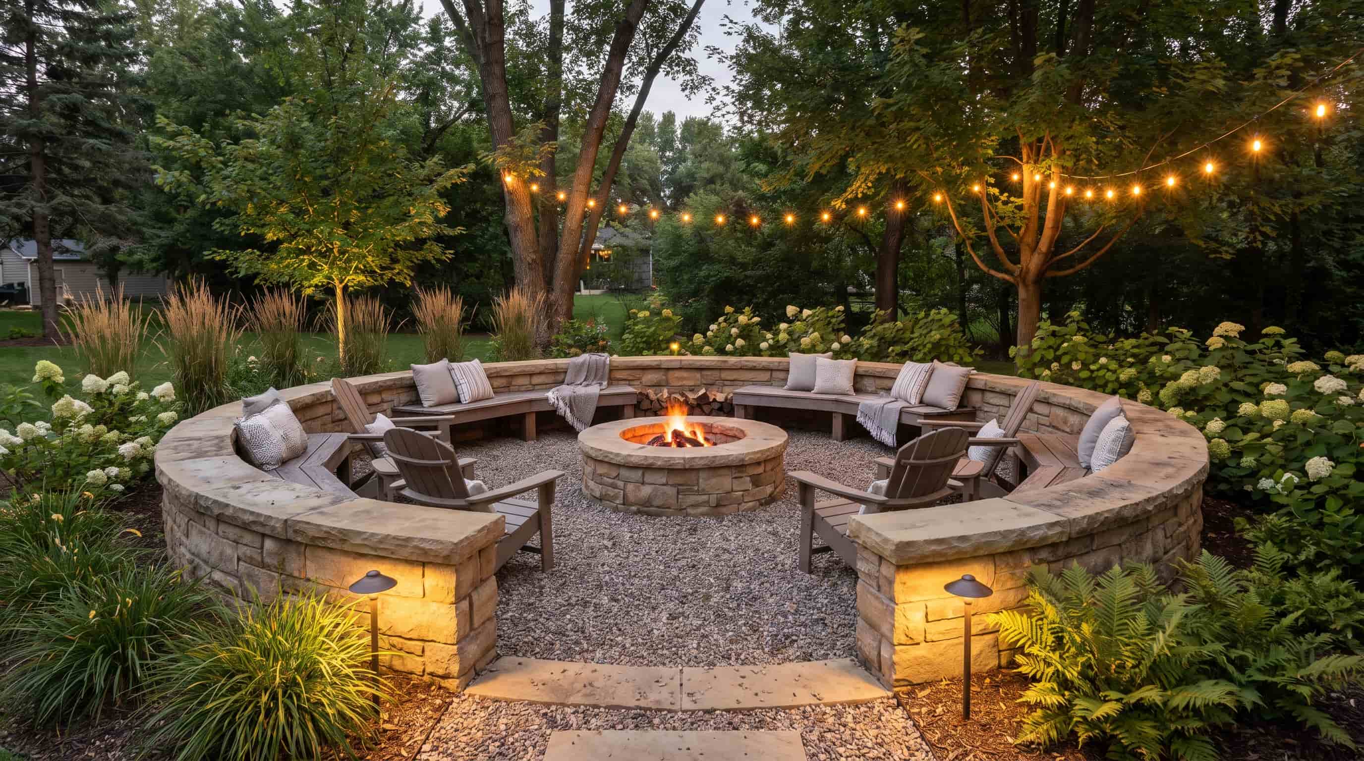 Fire pit area with a low retaining wall border, seating, and landscaping in a realistic backyard setting.