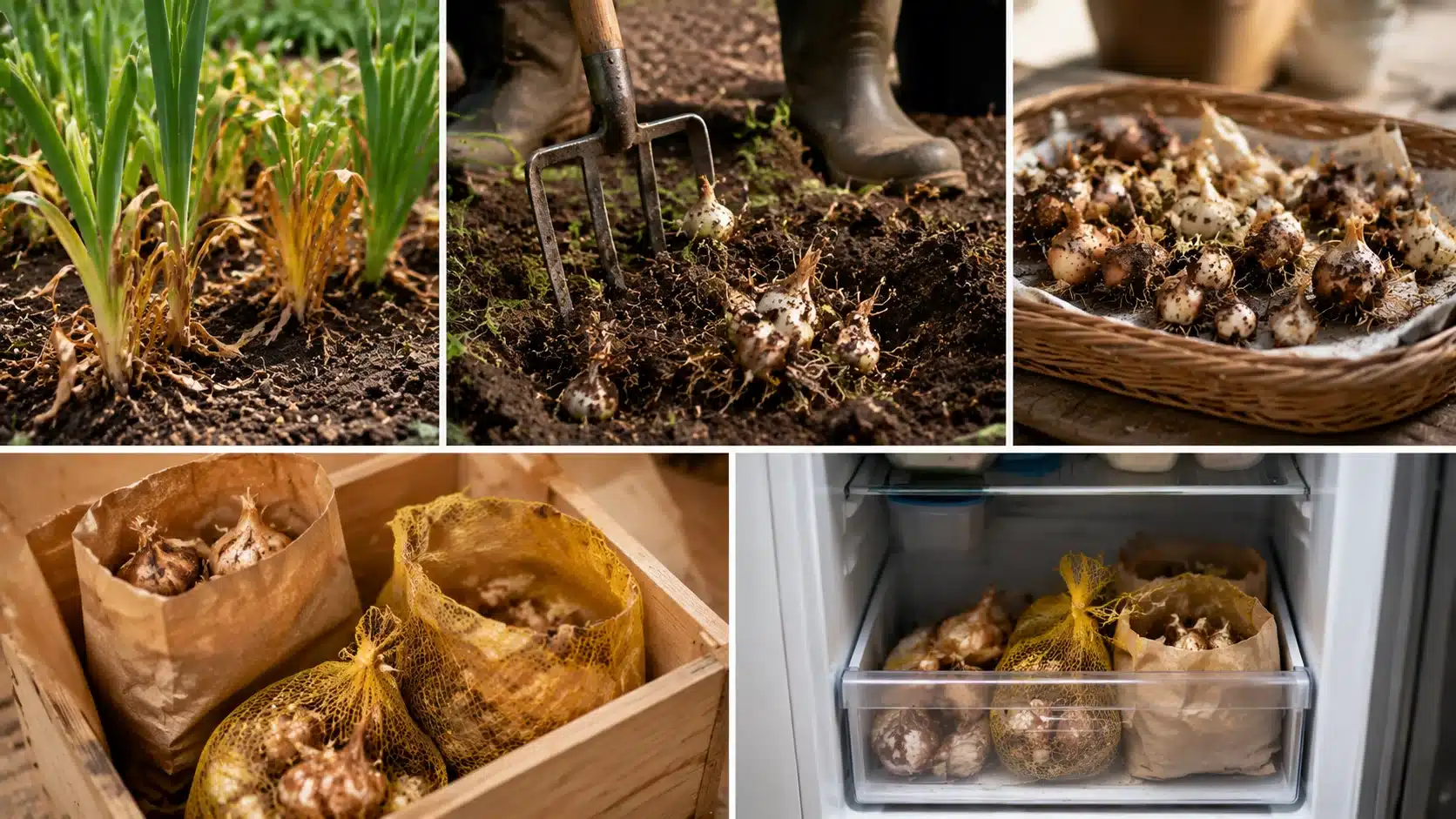 Five-panel image showing bulbs being dug, dried, stored in bags, and chilled for next season planting.