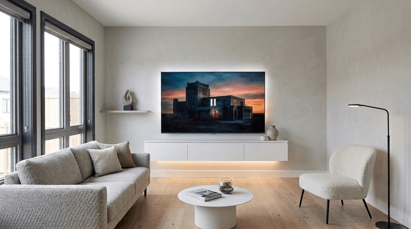 Floating TV console in a compact living room