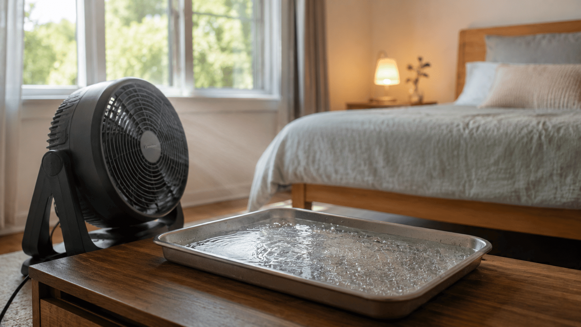 Floor fan blowing across a shallow tray of cold water on a low table in a bright bedroom, creating a cool summer setup.