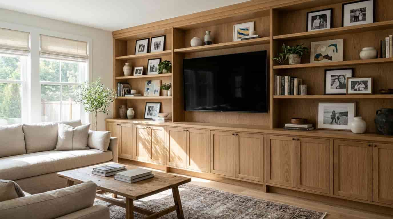 Floor-to-ceiling cabinetry with a wall-mounted TV, lower cabinets, and styled open shelves in a spacious living room.