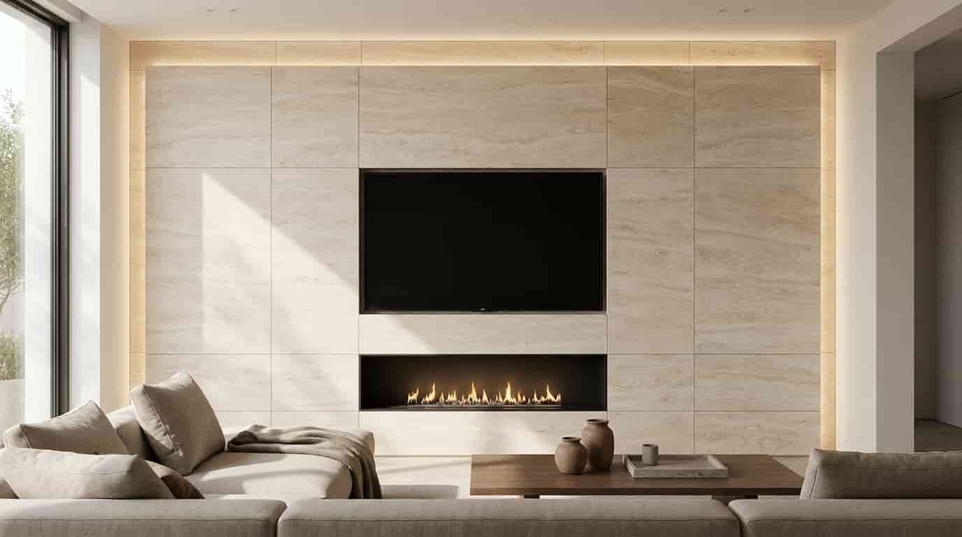 Floor-to-ceiling stone panel media wall with a television, linear fireplace, and concealed lighting.