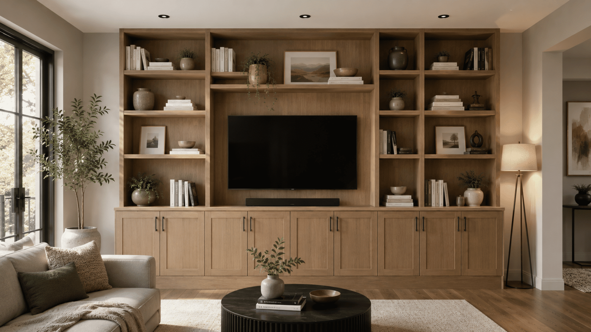 Floor-to-ceiling wood media wall with open shelves, closed cabinets, TV, plants, and neutral decor in a modern living room.