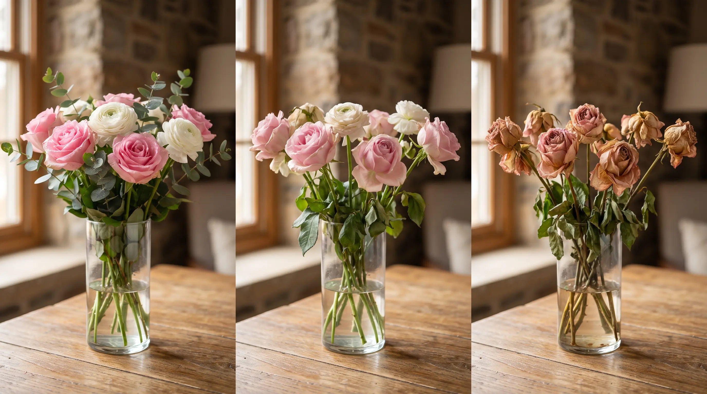 Flower lifespan progression showing fresh blooms aging and wilting over time