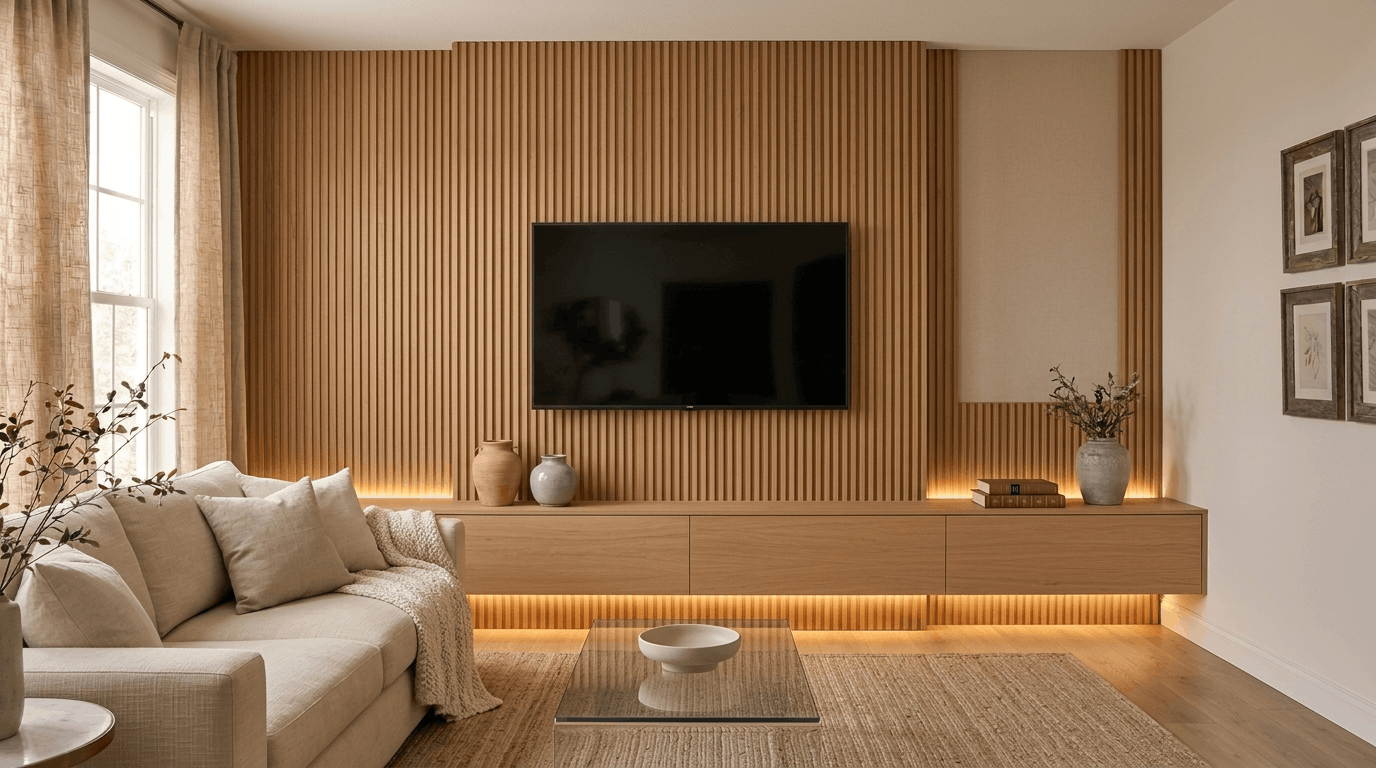 Fluted wood media wall with vertical panels and floating cabinets