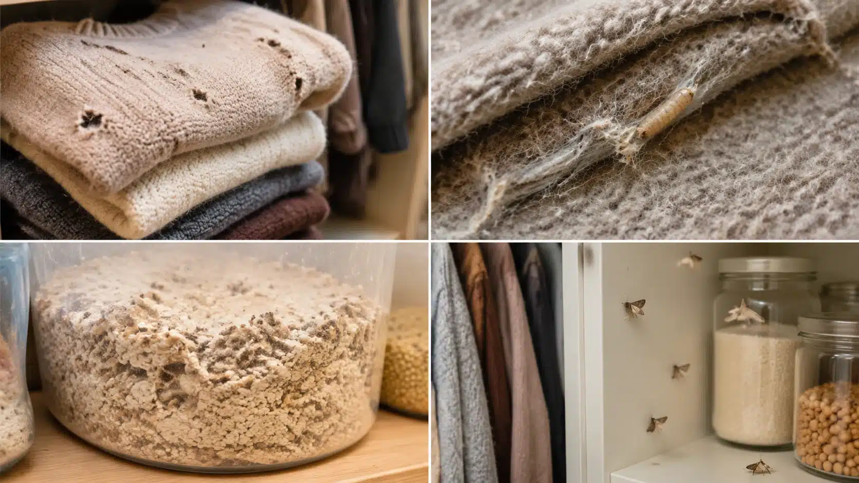 Folded clothes with moth damage showing holes, fabric thinning, and signs of a moth infestation in a closet.