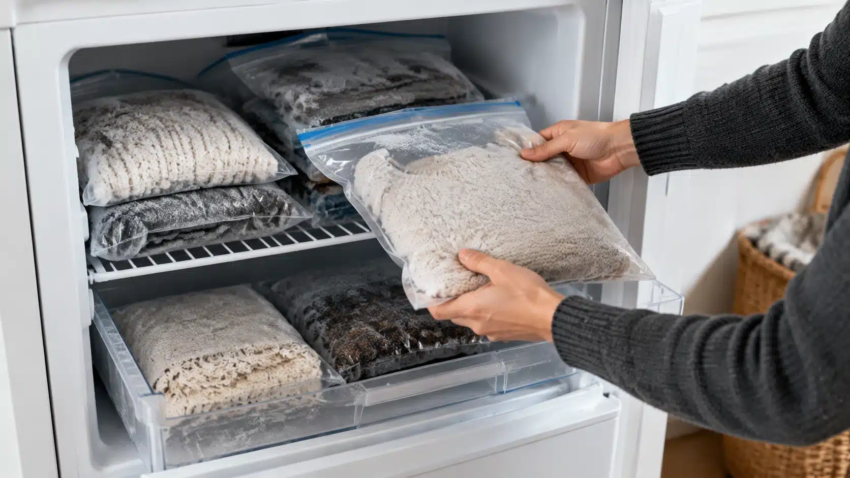 Folded clothing stored in sealed freezer bags as a moth treatment method for delicate fabrics.