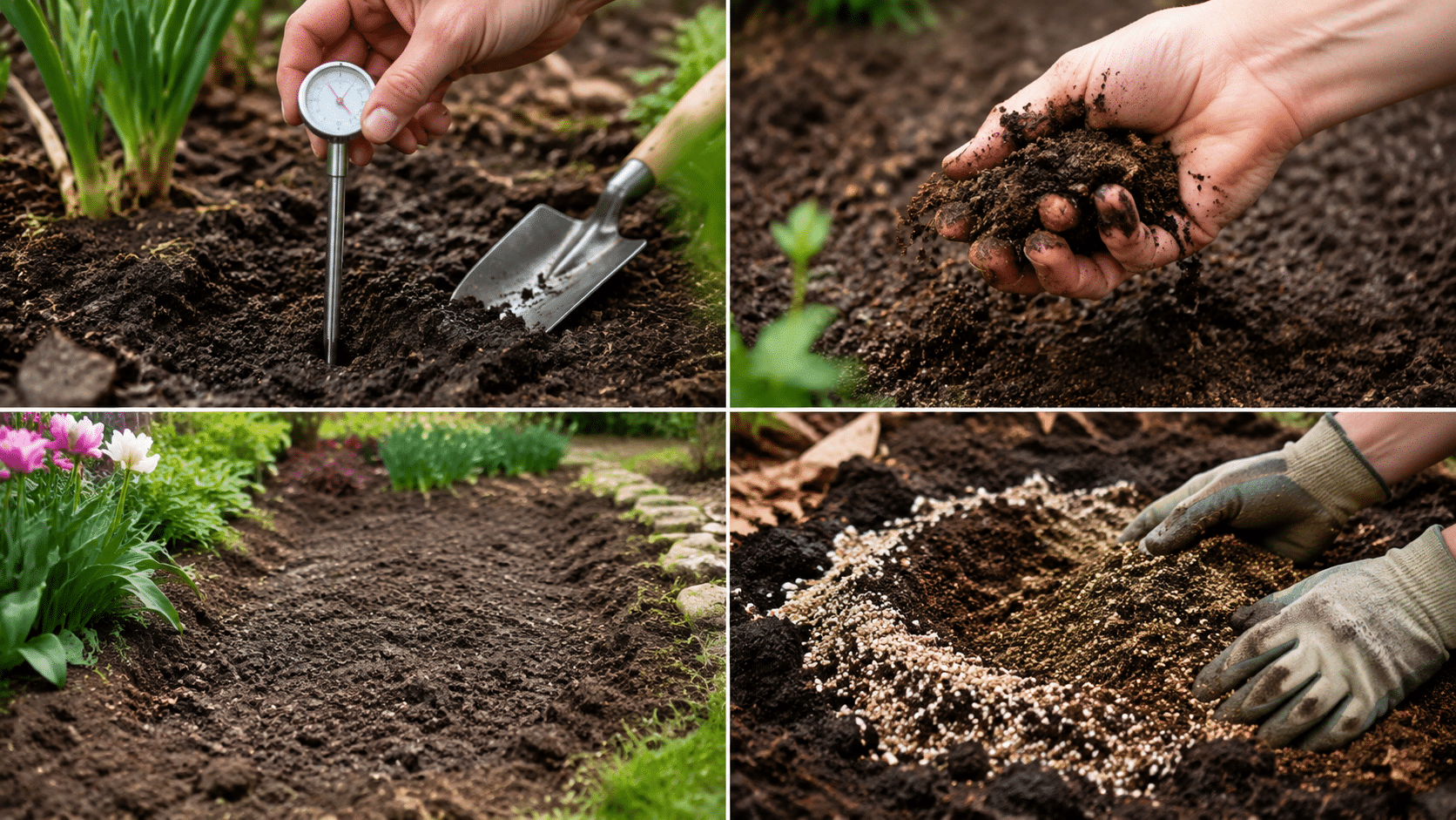 Four-panel garden image showing soil temperature testing, texture checks, drainage, and soil preparation for planting bulbs.