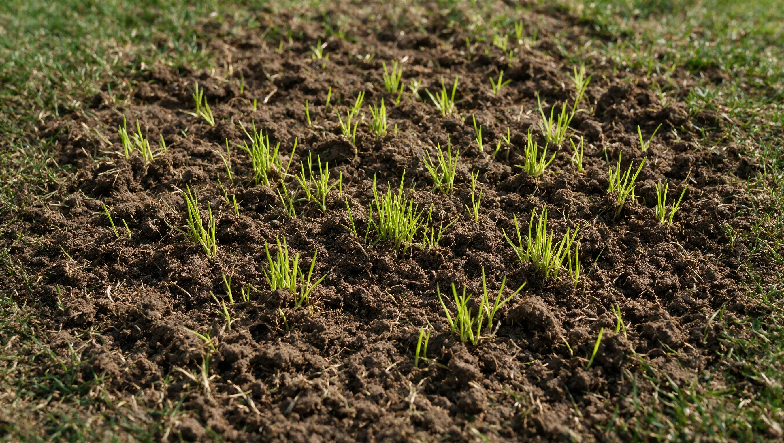 Fresh green grass shoots growing through bare soil after lawn scarifying.