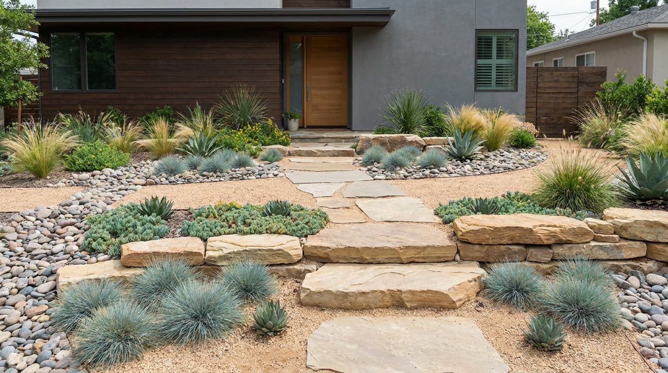 Front yard rock garden with decorative stones, gravel, and low-growing plants enhancing curb appeal.