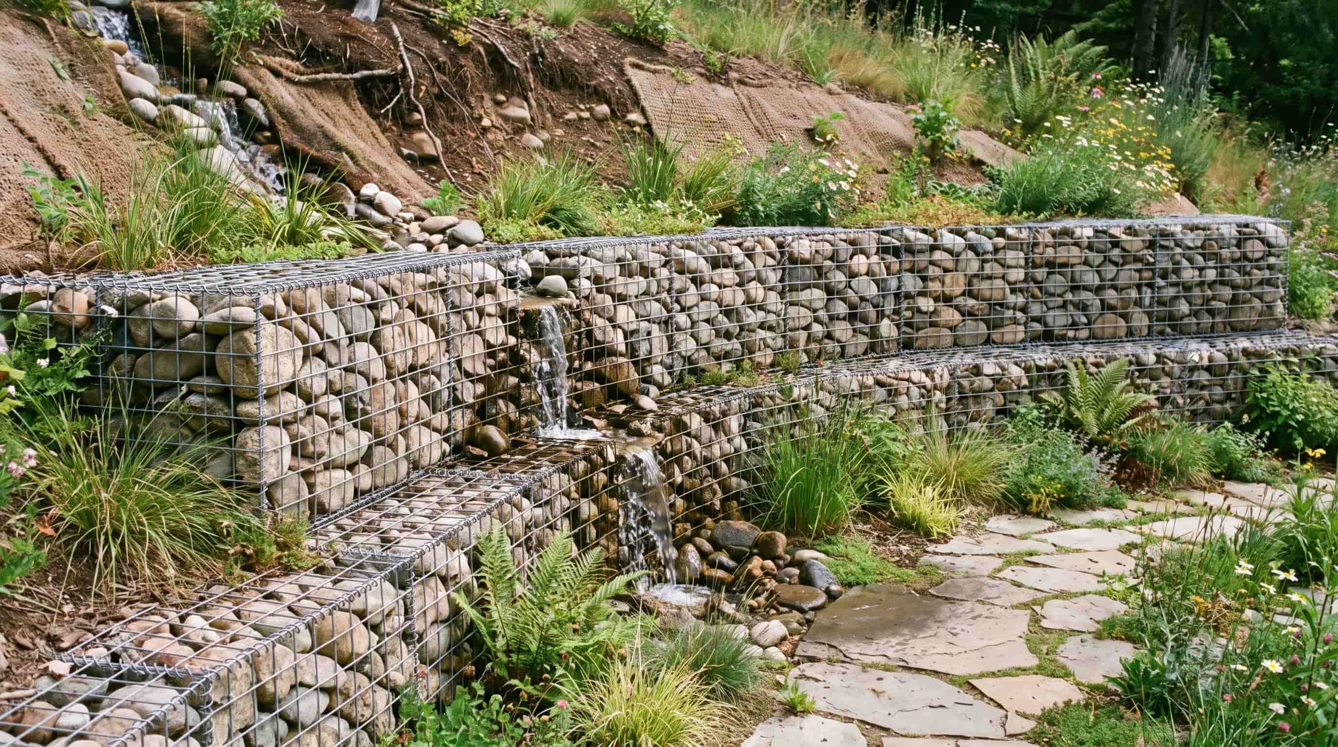 Gabion retaining wall with rock-filled cages stabilizing a sloped garden landscape
