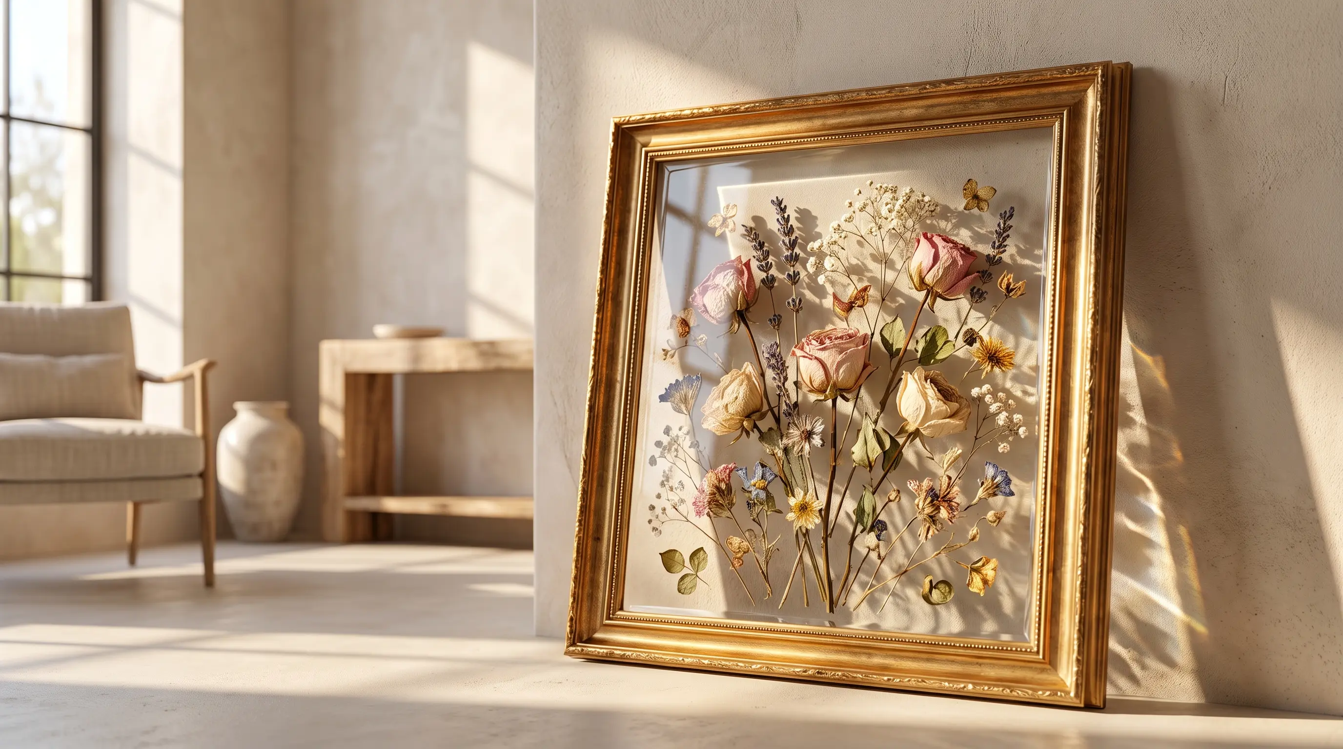 Dried flowers preserved in clear resin inside a golden frame displayed in sunlight