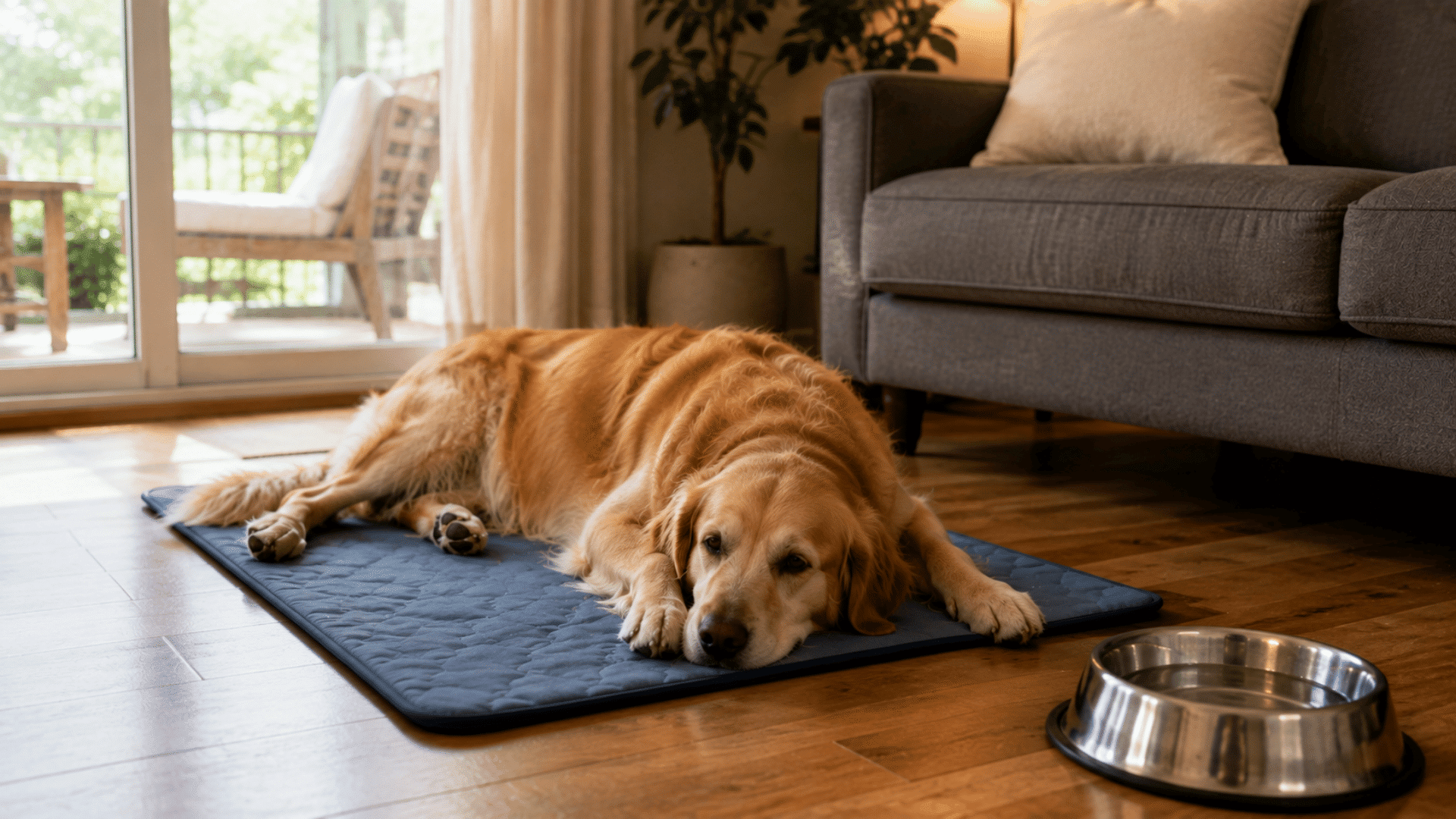 Golden retriever resting on a cooling mat in a shaded living room with a nearby water bowl during a hot summer afternoon.