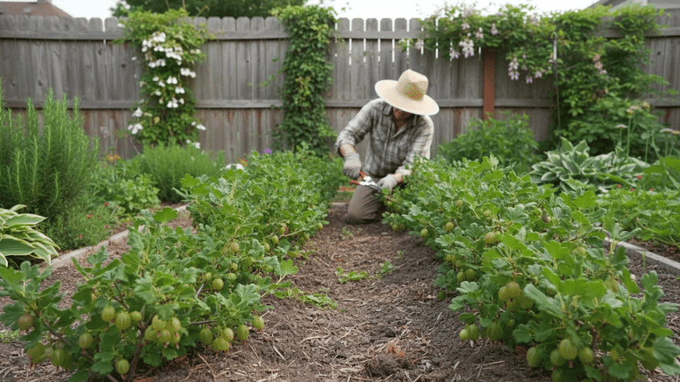 Gardener tending gooseberry bushes in a lush garden bed with wooden fence in the background under natural daylight.