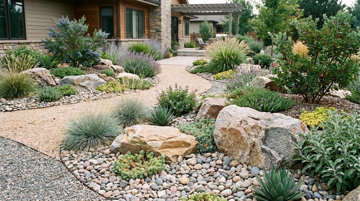 Backyard gravel rock garden with large boulders, smooth stones, gravel beds, and drought-tolerant plants.