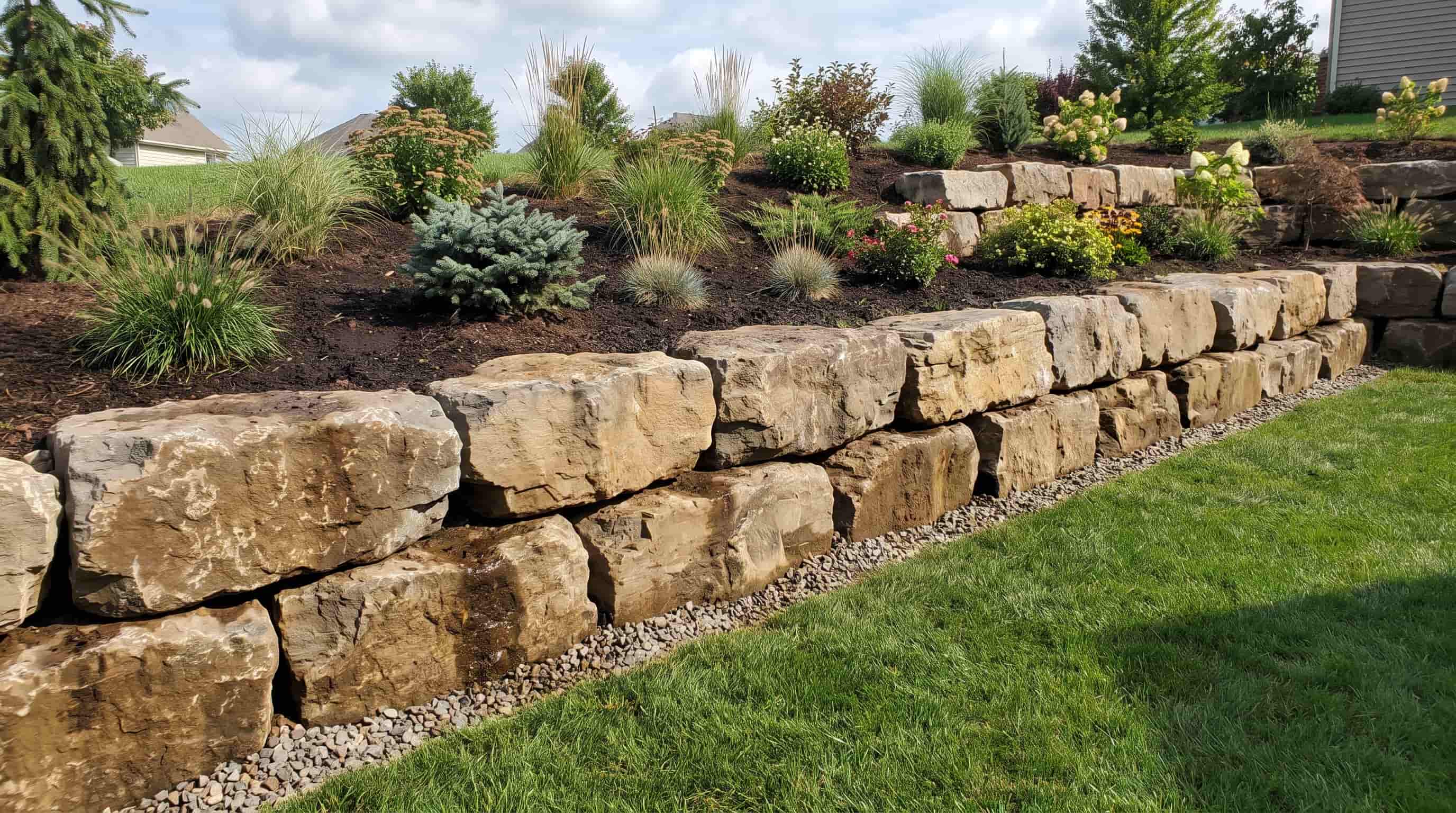 Natural stone gravity retaining wall holding back soil on a landscaped garden slope