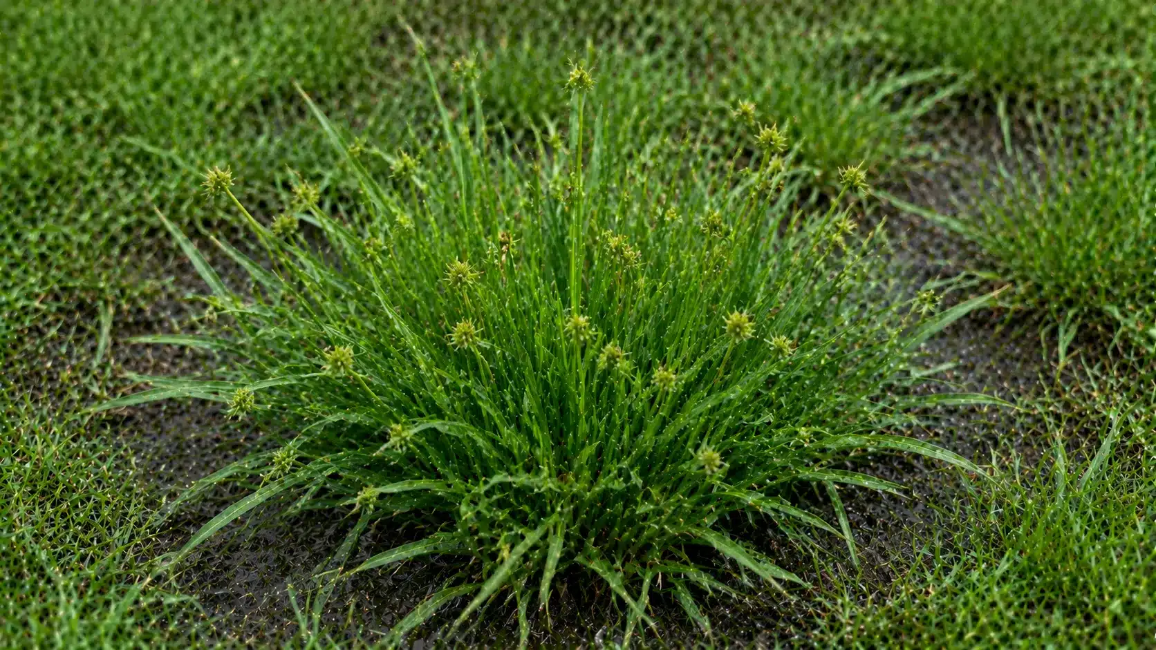 Green kyllinga sedge with dense low growth and small seed heads in wet turf.