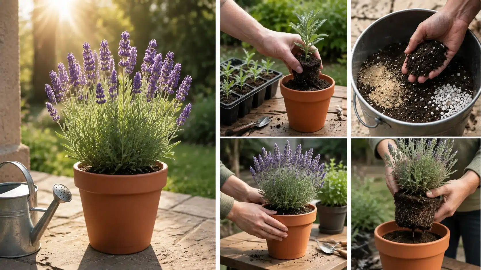 Lavender growing in containers with seedlings, pots, drainage mix, repotting, and winter care shown in a realistic garden setting.