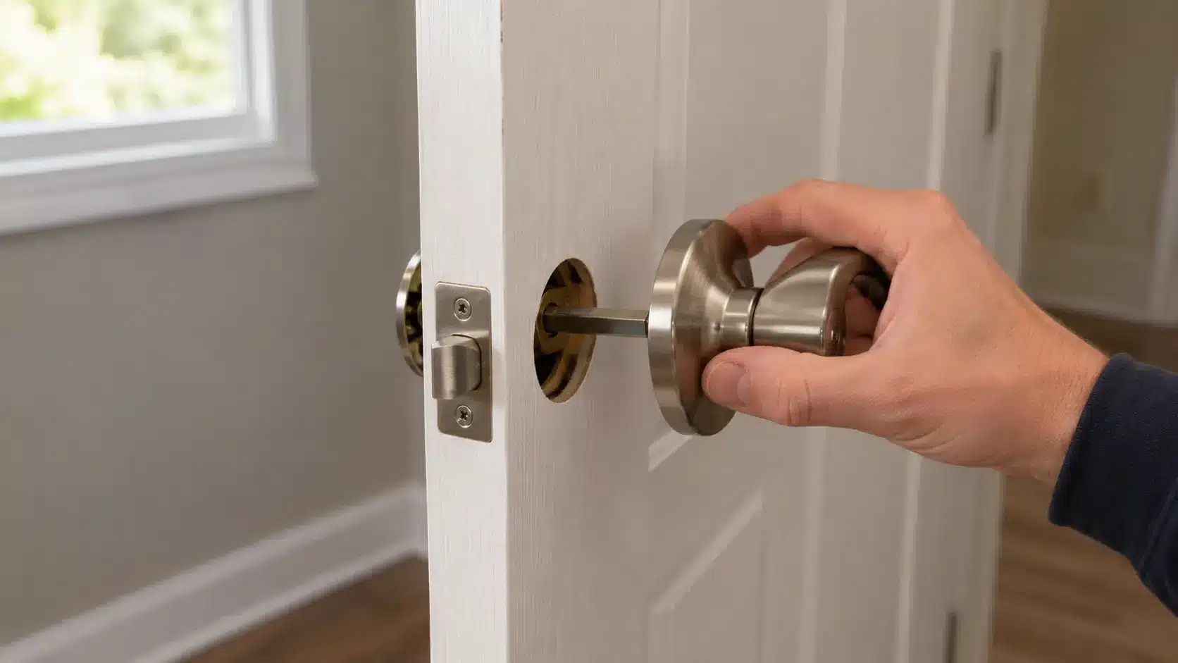 Hand inserting the exterior door handle spindle through the latch mechanism of a white interior door.