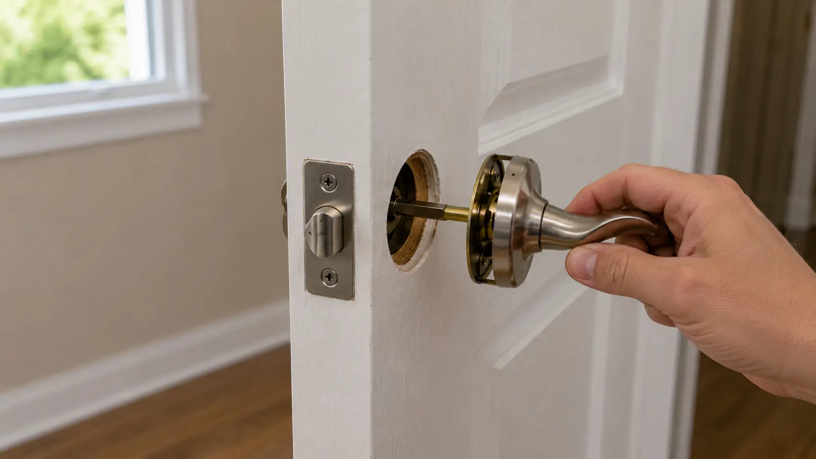 Hand pulling a brushed-metal lever handle away from a white interior door, exposing the spindle and borehole.