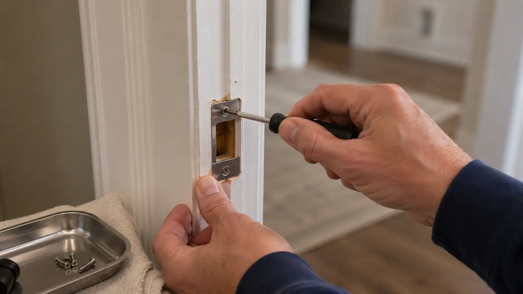 Hand removing the strike plate screws from a white door frame with a screwdriver during door handle replacement.